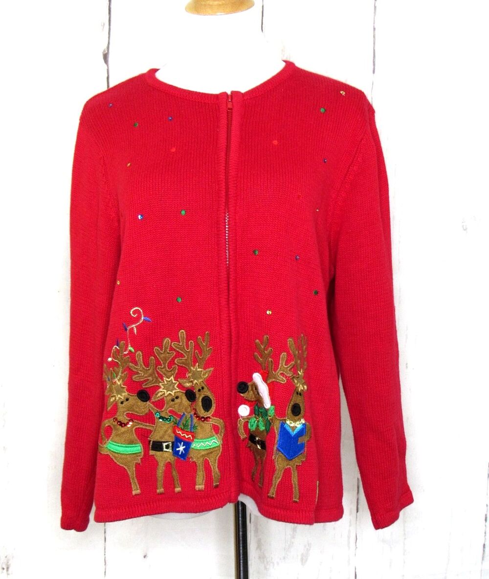 Vtg. Tiara International Christmas Cardigan Sweater Zip Red Reindeer Women's XL